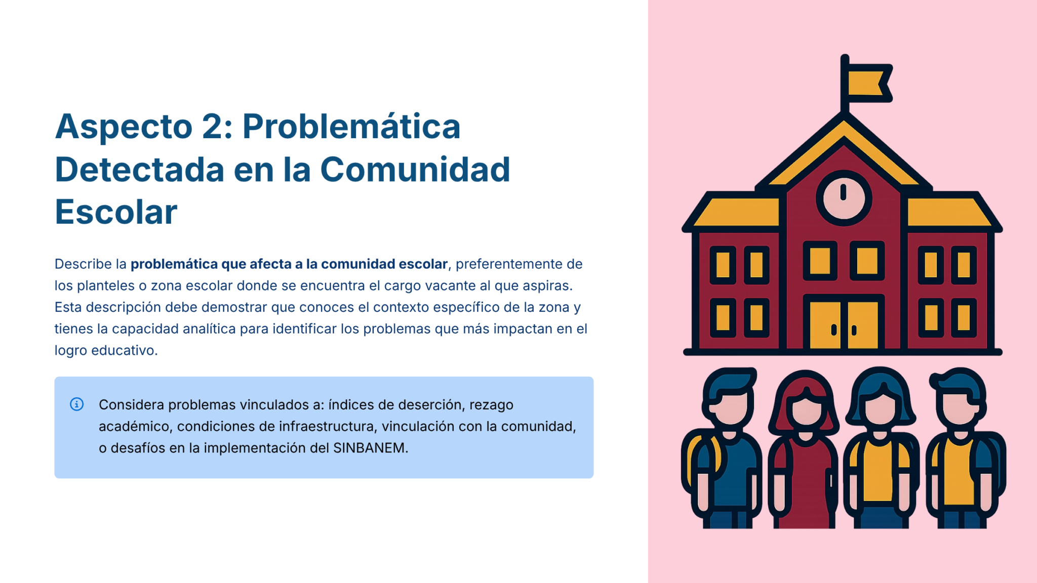 Paquete Promoción a SUPERVISOR ESCOLAR – Educación Media Superior (Carta de Exposición de Motivos + Plan de Mejora Continua + Guía EMS) EMS BACHILLERATO 2026–2027 8 Gráfico con texto sobre problemas detectados en una comunidad escolar. A la derecha, un edificio escolar ilustrado y cuatro alumnos. A la izquierda, un recuadro invita a considerar cuestiones como las tasas de abandono escolar y los problemas de infraestructura.