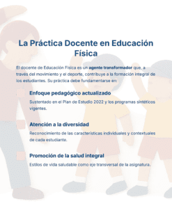 Guía de Estudio HORAS ADICIONALES EDUCACIÓN FÍSICA Primaria y Secundaria- USICAMM 2026 - 2027 + (Simulador 90 Reactivos) 35 Al fondo, tres niños con ropa deportiva. Delante, un texto en español destaca aspectos clave de la enseñanza de la educación física: pedagogía actualizada, atención a la diversidad y promoción de la salud integral.
