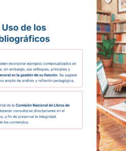 Ilustración de un joven con gafas estudiando en una biblioteca, rodeado de libros y una laptop. A la izquierda, un recuadro con texto sobre el uso de materiales bibliográficos y la función de la CONALITEG.