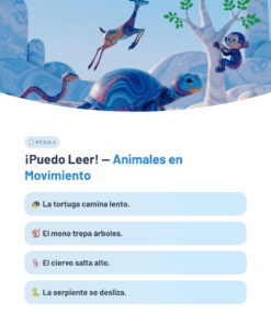 Ilustración de una tortuga caminando, un mono trepando a un árbol, un ciervo saltando y una serpiente deslizándose, todos con dibujos de colores, en un paisaje nevado con árboles y montañas. El texto describe el movimiento de cada animal en español.
