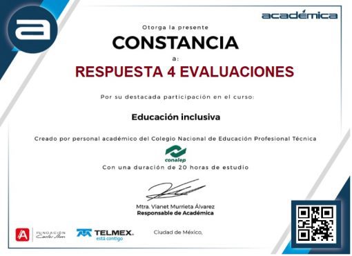 Imagen digital de un certificado de "Respuestas Curso Educación Inclusiva - Académica" con el logo de Telmex, otorgado a "RESPUESTAS EDUCACIÓN INCLUSIVA" por la participación en un curso educativo, incluyendo un código QR en la parte inferior derecha.