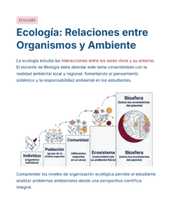 Infografía que explica los niveles ecológicos: individuo, población, comunidad, ecosistema y biosfera, con iconos que ilustran cada nivel y flechas que muestran la progresión del individuo a la biosfera. El texto describe la ecología y su importancia.