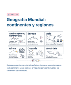 Guía de Estudio Admisión GEOGRAFÍA Educación Secundaria- USICAMM 2026 - 2027 + (Simulador 90 Reactivos) 18 Seis tarjetas ilustradas representan continentes (América, Europa, Asia, África, Oceanía, Antártida) y características clave como montañas, ríos y animales. El título dice