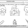 Llegó el frío...¿Y ahora qué hacemos? 23 Ficha en blanco y negro que muestra a tres niños enfermos con tos, fiebre y secreción nasal. Debajo hay imágenes de una venda, un jarabe para la tos y una jeringuilla para relacionar los tratamientos con los síntomas.
