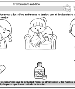 Ficha en blanco y negro que muestra a tres niños enfermos con tos, fiebre y secreción nasal. Debajo hay imágenes de una venda, un jarabe para la tos y una jeringuilla para relacionar los tratamientos con los síntomas.
