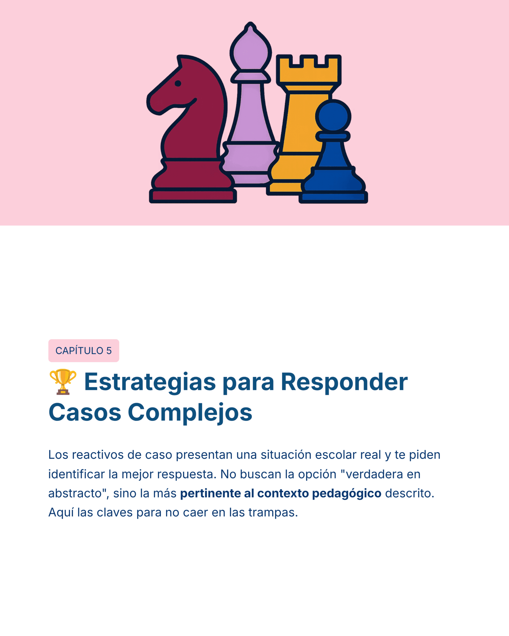 Guía de Estudio HORAS ADICIONALES GEOGRAFÍA Educación Secundaria- USICAMM 2026 - 2027 + (Simulador 90 Reactivos) 7 Ilustración de cuatro piezas de ajedrez de colores sobre un título que dice: "Estrategias para Responder Casos Complejos" con una descripción sobre la identificación de la mejor respuesta pedagógica a escenarios escolares complejos.