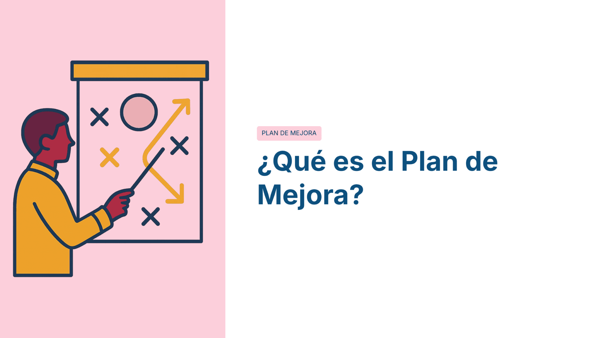 Paquete Promoción a DIRECTOR ESCOLAR – Educación Media Superior (Carta de Exposición de Motivos + Plan de Mejora Continua + Guía EMS) EMS BACHILLERATO 2026–2027 20 Ilustración de una persona señalando un tablero de estrategia con flechas y símbolos, junto a un texto en español que dice "¿Qué es el Plan de Mejora?" sobre fondo blanco y rosa.