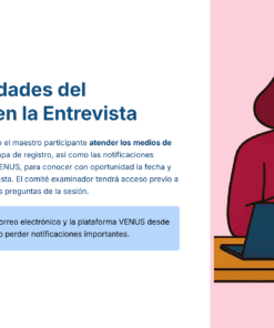Ilustración de una mujer sentada en un escritorio con un ordenador portátil, sosteniendo un smartphone y sonriendo. A la izquierda, texto en español sobre las responsabilidades de los participantes en una entrevista, en el que se hace hincapié en la comprobación del correo electrónico y la plataforma VENUS.