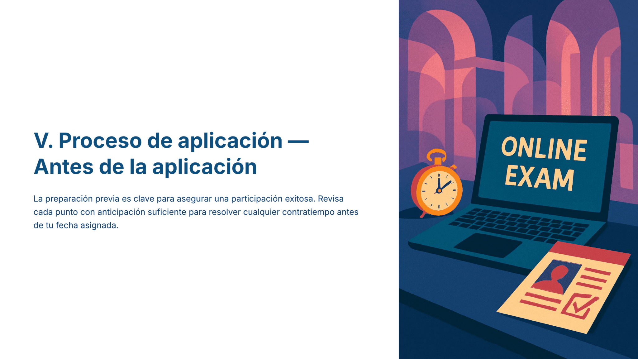 Guía de Estudio HORAS ADICIONALES CIENCIAS QUÍMICA Educación Secundaria- USICAMM 2026 – 2027 + (Simulador 90 Reactivos) 12 Un ordenador portátil con la leyenda "EXAMEN ONLINE" en la pantalla está sobre una mesa, junto a un carné de identidad y un cronómetro. A la izquierda, un título en español dice "V. Proceso de aplicación - Antes de la aplicación" con un breve párrafo debajo.