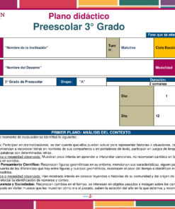 La tabla A Planeación Cuenta Conmigo para Preescolar muestra la escuela, el profesor, el horario de clases, el año, la información del curso, el calendario y destaca los objetivos lingüísticos y cognitivos en la sección inferior.