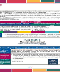 Planeación Cuenta Conmigo para Preescolar es una plantilla colorida en español que organiza objetivos, actividades y competencias clave de ciencias ambientales con secciones de metas, habilidades, evaluación y el título del proyecto Cuenta Conmigo.