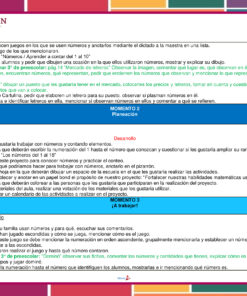 Planeación Cuenta Conmigo para Preescolar: guía en español para enseñar números y conteo a niños pequeños, con actividades, preguntas, materiales y objetivos en una tabla colorida con encabezados rojo y azul.