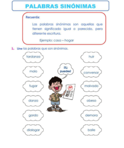 Hoja de ejercicios en español sobre sinónimos con una definición, ejemplos y una actividad de emparejamiento. En ella aparece un sonriente niño de dibujos animados sosteniendo un papel con una marca de verificación y un globo de diálogo que dice 