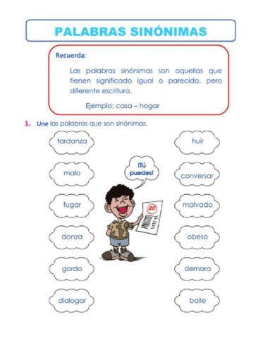 Hoja de ejercicios en español sobre sinónimos con una definición, ejemplos y una actividad de emparejamiento. En ella aparece un sonriente niño de dibujos animados sosteniendo un papel con una marca de verificación y un globo de diálogo que dice "¡Tú puedes!" rodeado de globos de palabras.