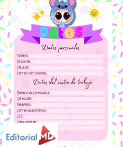 Formulario colorido con la cara de un animal de dibujos animados en la parte superior y secciones para rellenar la información personal y escolar. El fondo está decorado con confeti y garabatos. El logotipo de Editorial MD aparece en la esquina inferior izquierda.