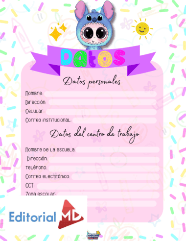 Formulario colorido con la cara de un animal de dibujos animados en la parte superior y secciones para rellenar la información personal y escolar. El fondo está decorado con confeti y garabatos. El logotipo de Editorial MD aparece en la esquina inferior izquierda.