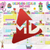 Colorido calendario escolar español 2025-2026 con personajes de dibujos animados, cuadrículas mensuales y días festivos resaltados. En el centro de la imagen se superpone un gran icono rojo en forma de botón de reproducción que cubre parcialmente el calendario.