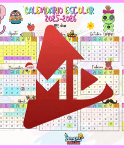 Colorido calendario escolar español 2025-2026 con personajes de dibujos animados, cuadrículas mensuales y días festivos resaltados. En el centro de la imagen se superpone un gran icono rojo en forma de botón de reproducción que cubre parcialmente el calendario.