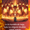 Un pequeño dragón azul frente a unos dragones rojos que escupen fuego en una cueva, con el texto: «En la Montaña del Fuego, todos escupían llamas».