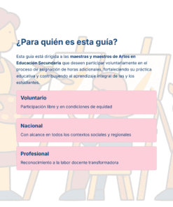 Introducción de una guía en español para profesores de arte de secundaria, en la que se destaca que la participación es voluntaria, se aplica a escala nacional y reconoce las contribuciones profesionales, con figuras ilustradas de fondo.