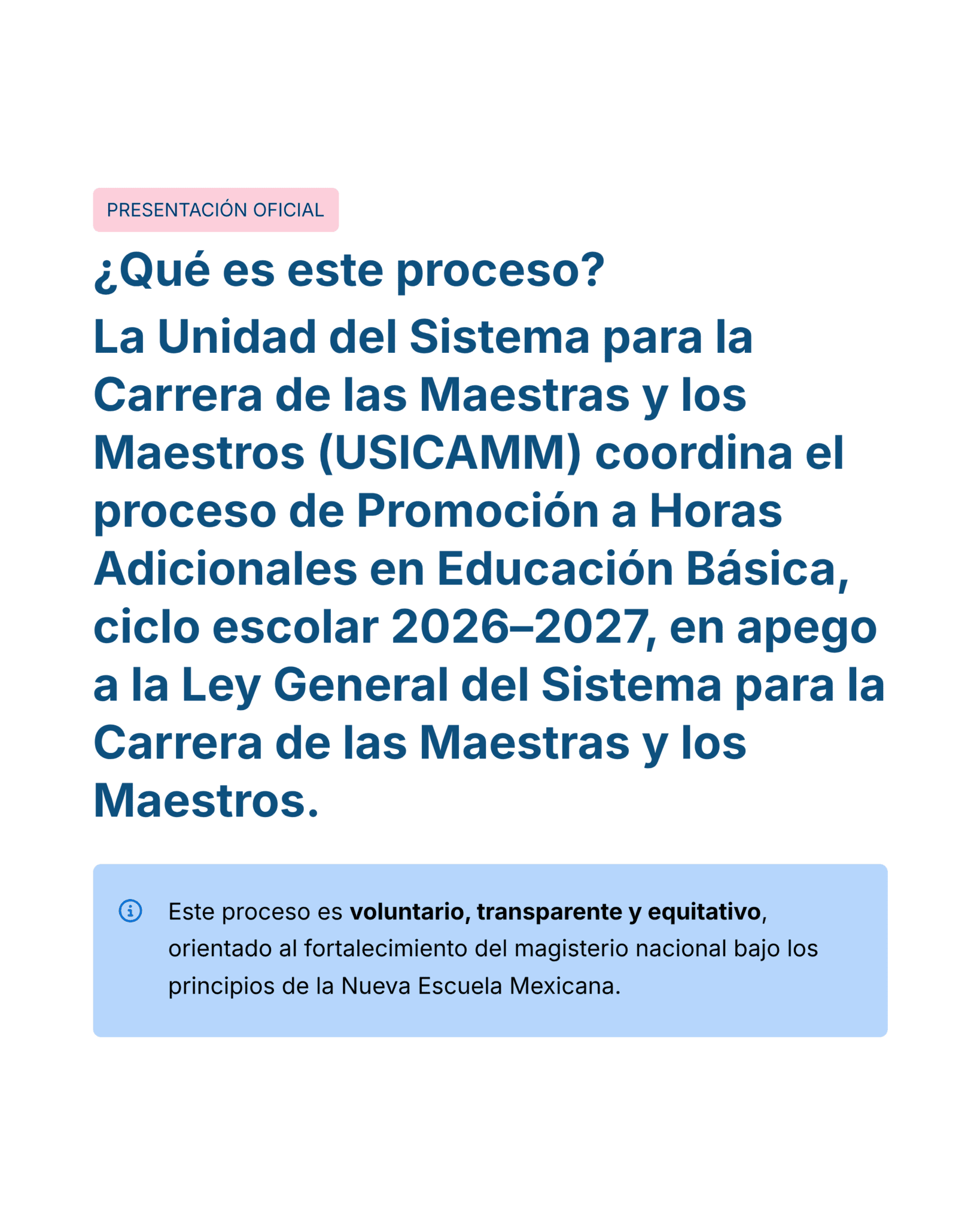 Guía de Estudio HORAS ADICIONALES HISTORIA Educación Secundaria- USICAMM 2026 - 2027 + (Simulador 90 Reactivos) 25 Diapositiva informativa en español sobre la coordinación de la USICAMM del proceso 2026-2027 para la promoción a horas adicionales en Educación Básica, enfatizando un enfoque voluntario, transparente y equitativo.