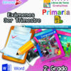 Imagen de portada colorida con libros de texto, portapapeles y lápiz, el logotipo de Microsoft Word y texto: "Exámenes 3er Trimestre", "Primaria", "Todos los campos formativos", "2° Grado" y "Editorial MD".