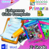 Imagen de portada colorida que presenta libros de texto para 2do grado de primaria, un portapapeles con una lista de verificación, un lápiz, portadas de libros de texto titulados "Múltiples Lenguajes" y "Nuestros saberes", con varios íconos y logotipos educativos.