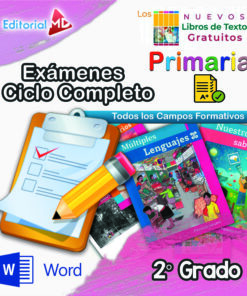 Imagen de portada colorida que presenta libros de texto para 2do grado de primaria, un portapapeles con una lista de verificación, un lápiz, portadas de libros de texto titulados "Múltiples Lenguajes" y "Nuestros saberes", con varios íconos y logotipos educativos.