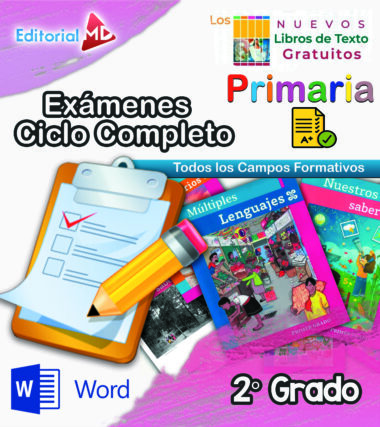 Imagen de portada colorida que presenta libros de texto para 2do grado de primaria, un portapapeles con una lista de verificación, un lápiz, portadas de libros de texto titulados "Múltiples Lenguajes" y "Nuestros saberes", con varios íconos y logotipos educativos.