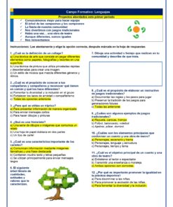 Una hoja de actividades educativas para el Examen Primer Trimestre Segundo Grado 2023 - 2024 NEM centrada en proyectos de desarrollo del lenguaje. La ficha incluye instrucciones y preguntas sobre la técnica del collage, el propósito y esencia de las obras artísticas y actividades de dibujo. Una ilustración de un árbol adorna la parte inferior central.