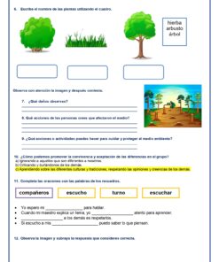Una hoja de trabajo diseñada como Examen Primer Trimestre Segundo Grado 2023 - 2024 NEM con 10 preguntas enfocadas en educación ambiental. Incluye secciones para escribir observaciones, acciones para cuidar el medio ambiente y formas de respetar las diferencias de los demás. Palabras como “compañeros”, “escucho” y “turno” son parte de las tareas para completar espacios en blanco.