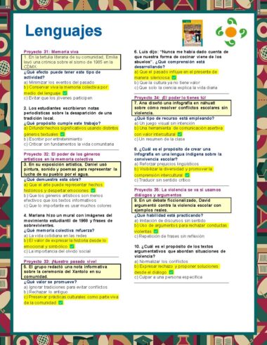 Una colorida hoja de trabajo en español titulada "Lenguajes" para los exámenes 2° de Telesecundaria NEM (2025–2026) 3er Trimestre, con preguntas de comprensión de lectura, opciones de opción múltiple y secciones resaltadas sobre lenguaje y memoria.