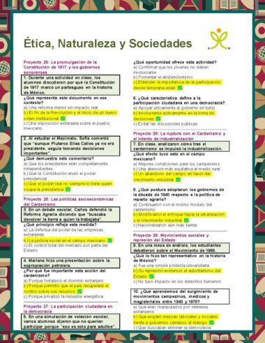 Póster educativo en español titulado "Ética, Naturaleza y Sociedades" con bordes geométricos coloridos. Detalla el Proyecto 25 sobre la Constitución Mexicana de 1917 y conceptos clave de los Exámenes 2.° de Telesecundaria NEM (2025-2026) del tercer trimestre.