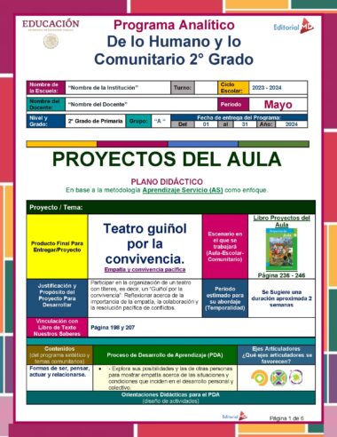 Colorido cartel educativo para un proyecto de aula de segundo grado titulado "Teatro guiñol por la convivencia". El póster incluye detalles del proyecto, objetivos, metodología y una recomendación de libro. También enumera los estándares educativos y los métodos de evaluación relevantes para la Planeación de Mayo Segundo Grado de Primaria 2024 NEM.