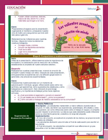Una colorida página educativa para Planeación de Mayo Segundo Grado de Primaria 2024 NEM presenta diseños vibrantes, que incluyen dos plantillas de invitación para una obra titulada "Las valientes aventuras en el caletón sin miedo", programada para el viernes 12 de diciembre a las 9:30 am. La página incluye pasos para evaluar aprendizajes y proyectos creativos.