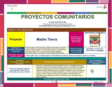 Una diapositiva informativa en español titulada "PROYECTOS COMUNITARIOS" de Editorial MD. Describe el proyecto "Madre Tierra", detallando sus objetivos de aprendizaje, resultados esperados, plazos de estimación y orientación educativa. La página 1 de 11 también incluye Planeación de Diciembre de Segundo Grado de Primaria 2023 – 2024 NEM.