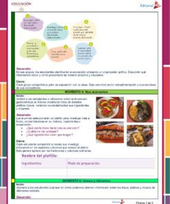 Una página educativa para Segundo Grado de Primaria presenta actividades como planificar una presentación, aprender sobre platos tradicionales mexicanos y hacer una lista detallada de ingredientes. La colorida página incluye varios cuadros de texto, imágenes de comida y el logotipo de una editorial educativa, perfecto para Planeación de Mayo Segundo Grado de Primaria 2024 NEM.