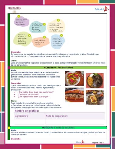Una página educativa para Segundo Grado de Primaria presenta actividades como planificar una presentación, aprender sobre platos tradicionales mexicanos y hacer una lista detallada de ingredientes. La colorida página incluye varios cuadros de texto, imágenes de comida y el logotipo de una editorial educativa, perfecto para Planeación de Mayo Segundo Grado de Primaria 2024 NEM.