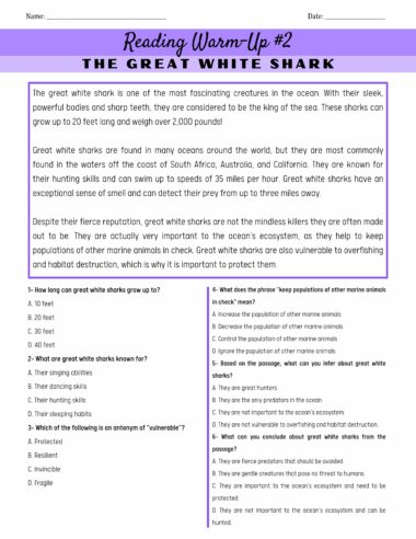 Un ejercicio de lectura titulado "Precalentamiento de lectura n.º 2: El gran tiburón blanco". El pasaje describe las características y comportamientos del gran tiburón blanco. Debajo del pasaje hay dos columnas con preguntas de opción múltiple, que se centran en la información proporcionada. Inspirado en *100 Lecturas de Comprensión Lectora en Inglés*.