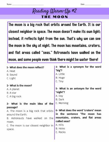 Una hoja de trabajo de comprensión lectora titulada "Calentamiento de lectura n.° 2: La Luna", que presenta un pasaje sobre la luna que orbita la Tierra. Incluye preguntas sobre las características y el significado de la luna, con espacios para el nombre y la fecha del estudiante en la parte superior. Parte de 100 Lecturas de Comprensión Lectora en Inglés.