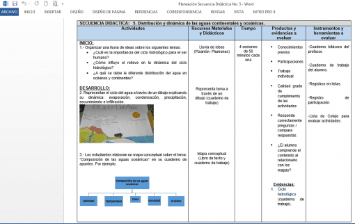 Una captura de pantalla de un documento del Paquete Planeaciones de Geografía Secundaria (1er Trimestre) abierto en una computadora, que muestra "Planeaciones de Geografía" para secundaria, con texto y una imagen incrustada del proyecto de un estudiante sobre regiones geográficas.