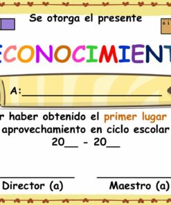 Colorido certificado español con caras sonrientes de dibujos animados, líneas en blanco para el nombre y el curso escolar, y texto que premia el primer puesto por los logros académicos. Libros y reglas decorativos bordean el diseño.