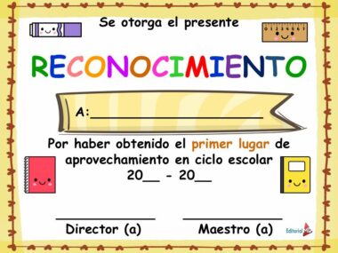 Colorido certificado español con caras sonrientes de dibujos animados, líneas en blanco para el nombre y el curso escolar, y texto que premia el primer puesto por los logros académicos. Libros y reglas decorativos bordean el diseño.