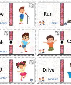 Seis tarjetas ilustradas muestran a niños realizando acciones: conducir un coche, correr, cocinar, cantar y leer. Cada tarjeta muestra la palabra de la acción en inglés con su traducción al español debajo.