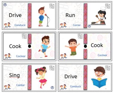 Seis tarjetas ilustradas muestran a niños realizando acciones: conducir un coche, correr, cocinar, cantar y leer. Cada tarjeta muestra la palabra de la acción en inglés con su traducción al español debajo.