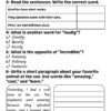 50 Lecturas en Inglés para 3 Grado de Primaria (Reading Comprehension) 7 Una hoja de trabajo para 50 Lecturas en Inglés para 3 Grado de Primaria (Comprensión lectora) con cinco preguntas y un párrafo en blanco. Las preguntas incluyen una visita al zoológico, adjetivos, opuestos y un ejercicio de escritura sobre un animal favorito del zoológico. También hay un párrafo completo sobre los elefantes y su comportamiento al salpicar agua para mejorar las habilidades de comprensión lectora.