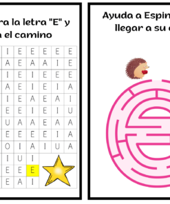 Una imagen dividida con dos actividades en español. A la izquierda, una búsqueda de letras que pide encontrar y colorear 