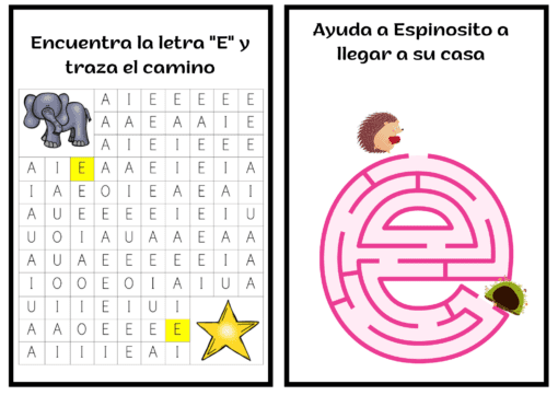 Una imagen dividida con dos actividades en español. A la izquierda, una búsqueda de letras que pide encontrar y colorear "E" con una ilustración de un animal y una estrella. A la derecha, un laberinto con forma de letra E con un erizo que necesita ayuda para llegar a casa es parte de Cuadernillo letra "E".
