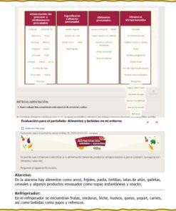 Curso Contestado Alimentación Saludable y Sostenible 9 Captura de pantalla de la página de un curso en línea sobre alimentación sana y sostenible, que muestra tablas comparativas de los niveles de procesado de los alimentos, una sección de comentarios y una explicación textual sobre el almacenamiento de alimentos en una despensa y un frigorífico.