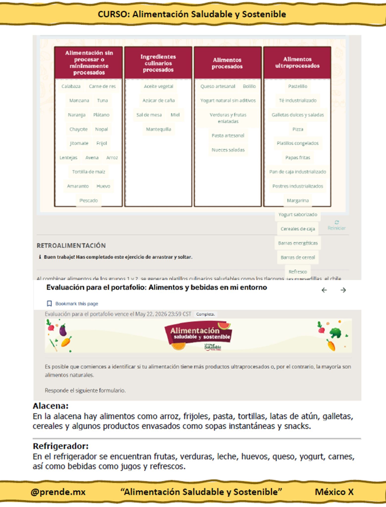 Curso Contestado Alimentación Saludable y Sostenible 4 Captura de pantalla de la página de un curso en línea sobre alimentación sana y sostenible, que muestra tablas comparativas de los niveles de procesado de los alimentos, una sección de comentarios y una explicación textual sobre el almacenamiento de alimentos en una despensa y un frigorífico.